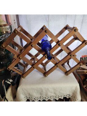 Vintage Mid-Century Accordion-Style Wooden Heavy Wine Rack With Brass Accents Ho